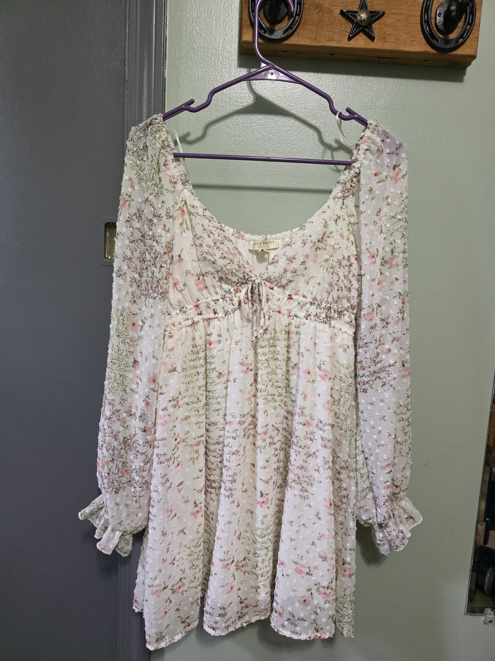 Romantic Floral Long-Sleeve Empire Dress - White & Pink